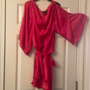 White and black magenta mini dress with open shoulder and arm cut outs.  Med